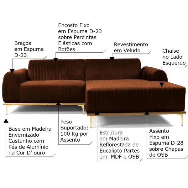 Imagem de Sofá 4 Lugares com Chaise Esquerdo Base de Madeira Euro 255 cm Veludo Telha - Gran Belo