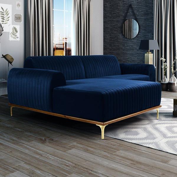 Imagem de Sofá 4 Lugares com Chaise Esquerdo Para Sala Molino 265cm D02 Veludo Azul Oxford C-304 - Lyam Decor