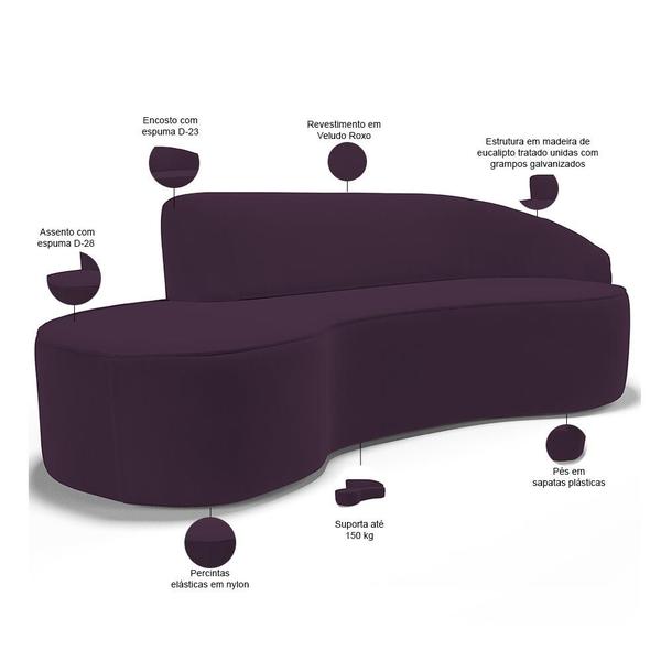 Imagem de Sofá 4 Lugares Curvo Sala de Estar Living Firenze Direito D02 Veludo Roxo 260 cm C-292 - Lyam