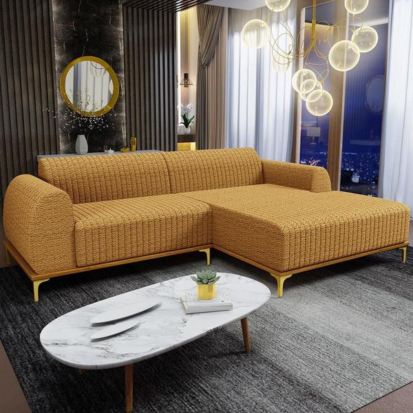 Imagem de Sofá 5 Lugares com Chaise Direito Para Sala de Estar Molino 350cm D02 Base Castanho Pés D'ouro Prime Bouclê Mostarda PB-03 - Lyam Decor