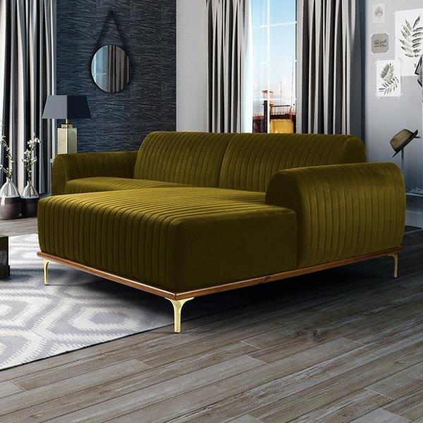 Imagem de Sofá 5 Lugares com Chaise Direito Para Sala Molino 300 cm D02 Veludo Mostarda C-260 - Lyam Decor