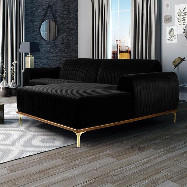 Imagem de Sofá 5 Lugares com Chaise Direito Para Sala Molino 300 cm D02 Veludo Preto B-300 - Lyam Decor