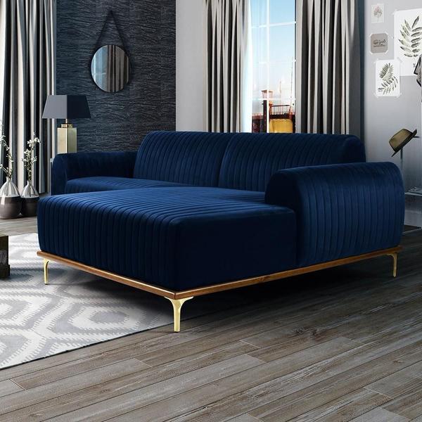 Imagem de Sofá 5 Lugares com Chaise Direito Para Sala Molino 320 cm D02 Veludo Azul Oxford B-304 - Lyam Decor