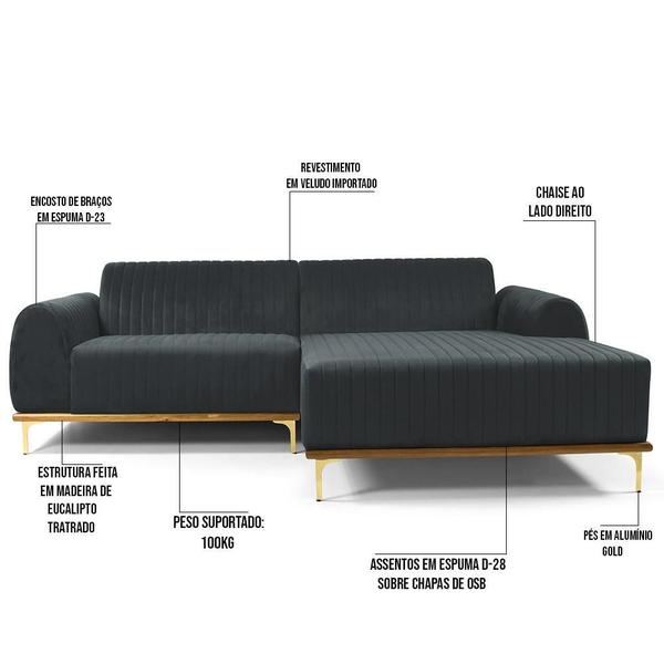 Imagem de Sofá 5 Lugares com Chaise Direito Para Sala Molino 320 cm D02 Veludo Cinza B-317 - Lyam Decor