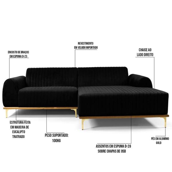 Imagem de Sofá 5 Lugares com Chaise Direito Para Sala Molino 320 cm D02 Veludo Preto C-300 - Lyam Decor