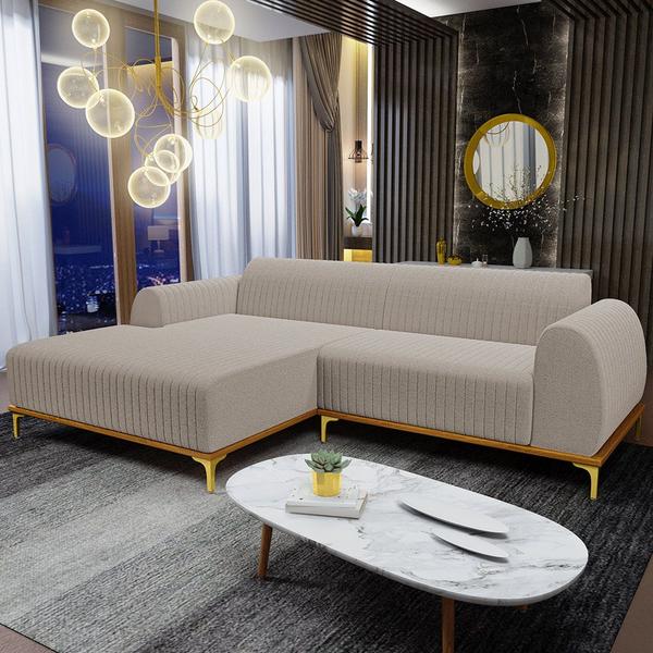 Imagem de Sofá 5 Lugares com Chaise Esquerdo Para Sala de Estar Molino 350cm D02 Base Castanho Pés D'ouro Bouclê Creme B-54 - Lyam Decor