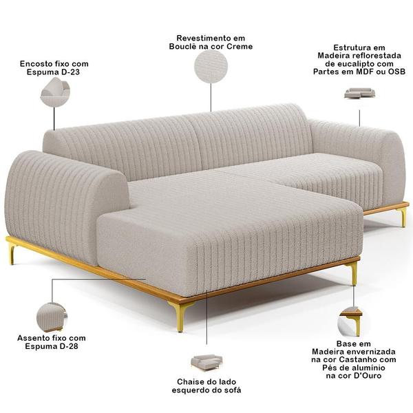 Imagem de Sofá 5 Lugares com Chaise Esquerdo Para Sala de Estar Molino 350cm D02 Base Castanho Pés D'ouro Bouclê Creme B-54 - Lyam Decor