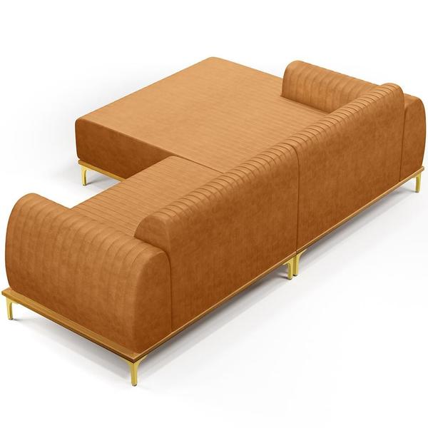 Imagem de Sofá 5 Lugares com Chaise Esquerdo Para Sala de Estar Molino 350cm D02 Base Castanho Pés D'ouro material sintético Whisky B-90 - Lyam Decor