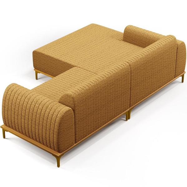 Imagem de Sofá 5 Lugares com Chaise Esquerdo Para Sala de Estar Molino 350cm D02 Base Castanho Pés D'ouro Prime Bouclê Mostarda PB-03 - Lyam Decor