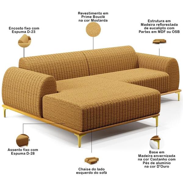 Imagem de Sofá 5 Lugares com Chaise Esquerdo Para Sala de Estar Molino 350cm D02 Base Castanho Pés D'ouro Prime Bouclê Mostarda PB-03 - Lyam Decor