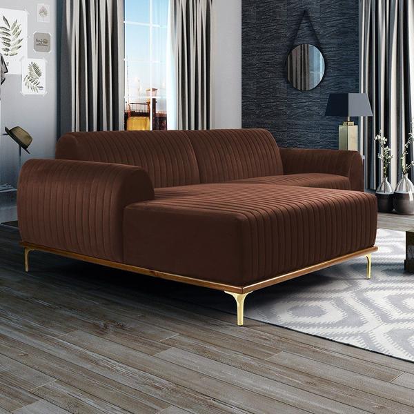 Imagem de Sofá 5 Lugares com Chaise Esquerdo Para Sala Molino 320cm D02 Veludo Marrom C-276 - Lyam Decor