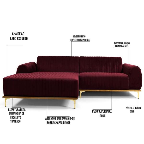 Imagem de Sofá 5 Lugares com Chaise Esquerdo Para Sala Molino 320cm D02 Veludo Marsala B-278 - Lyam Decor