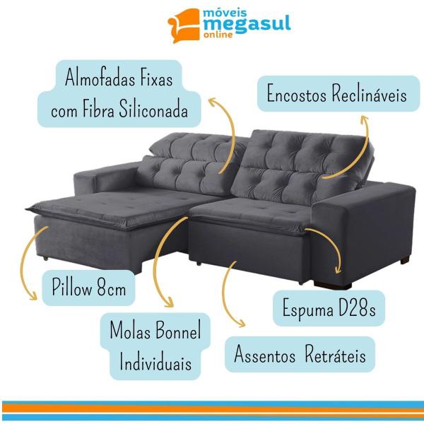 Imagem de Sofá 6 Lugares Retrátil e Reclinável Alasca 290Cm Pillow TECIDO SUEDE Cinza - MegaSul