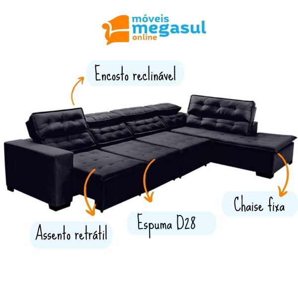 Imagem de Sofá 7 Lugares Canto Assento Retrátil Pillow Chaise E 3,60 x2,20 m Sttilo PRETO - MegaSul