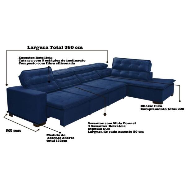 Imagem de Sofá 7 Lugares de Canto Retrátil e Reclinável Pillow Chaise E 3,60 x 2,20 m  Sttilo  Azul  - MegaSul