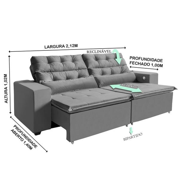 Imagem de Sofá América 2,12 m 3 Lugares Tecnologia Carregamento 3 portas USB  Retrátil e Reclinável Cinza - Sofá na Web