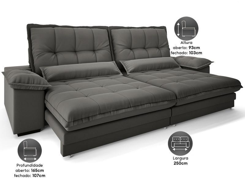 Imagem de Sofa Bergamo 2,50m Assento Retratil e Reclinavel Velosuede Cinza - NETSOFAS