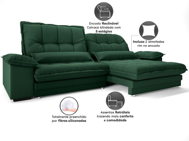 Imagem de Sofá Bergamo 2,50m Assento Retrátil e Reclinável Velosuede Verde - NETSOFAS