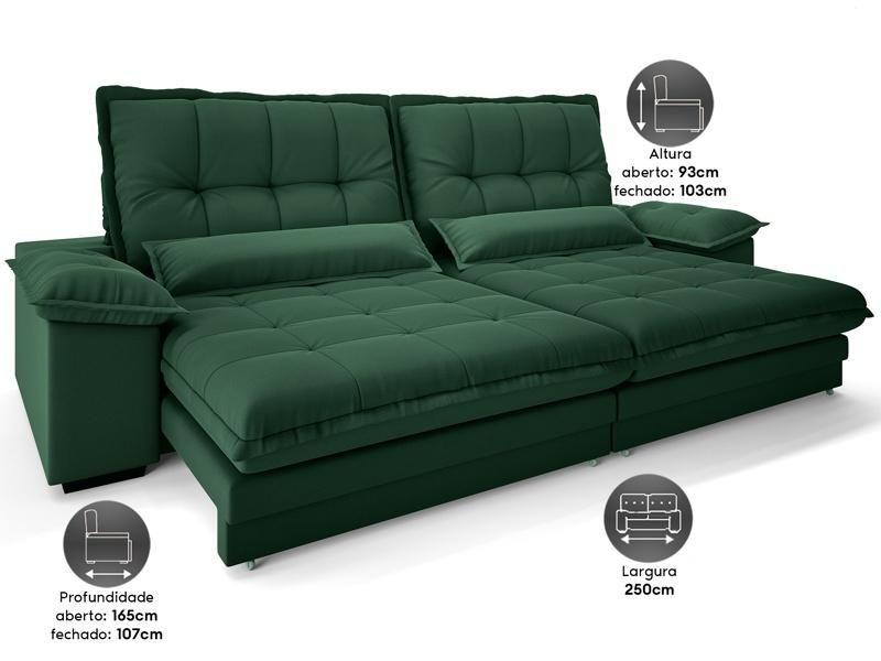 Imagem de Sofá Bergamo 2,50m Assento Retrátil e Reclinável Velosuede Verde - NETSOFAS