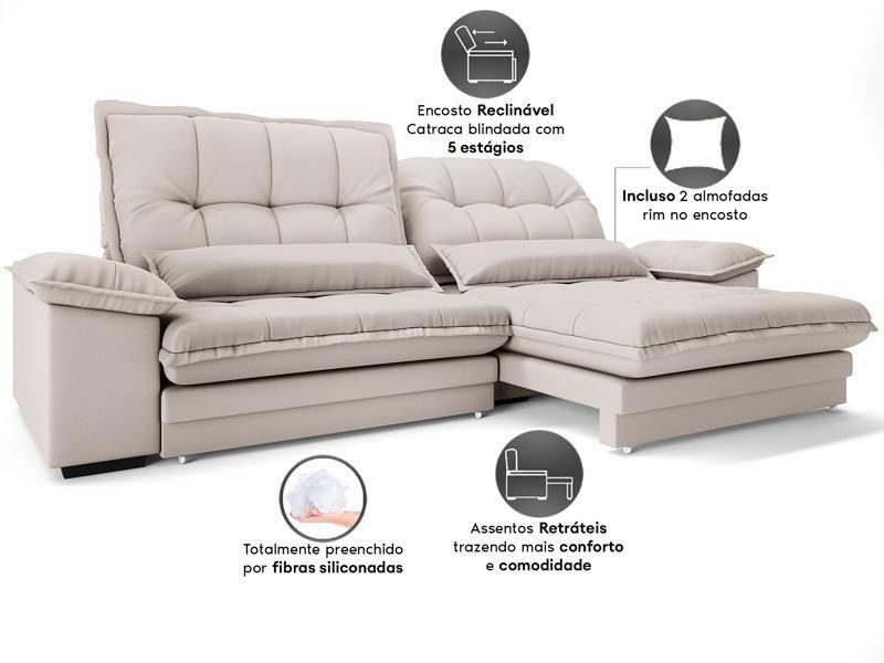 Imagem de Sofa Bergamo 2,90m Assento Retratil e Reclinavel Velosuede Areia - NETSOFAS