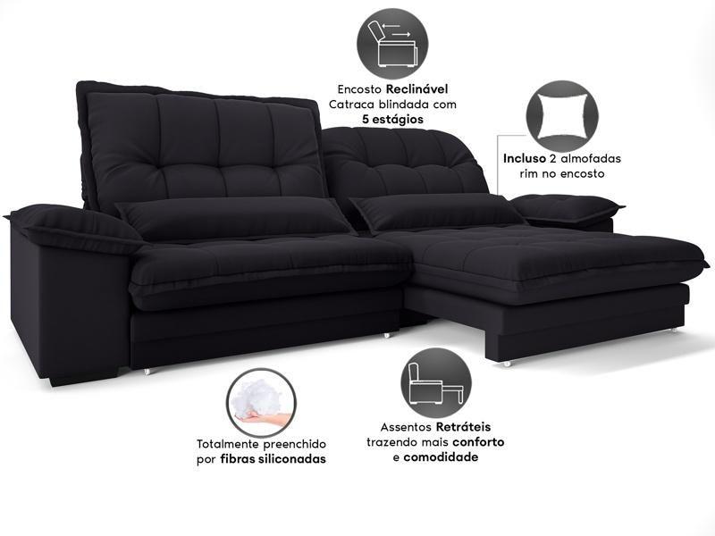 Imagem de Sofa Bergamo 2,90m Assento Retratil e Reclinavel Velosuede Preto - NETSOFAS