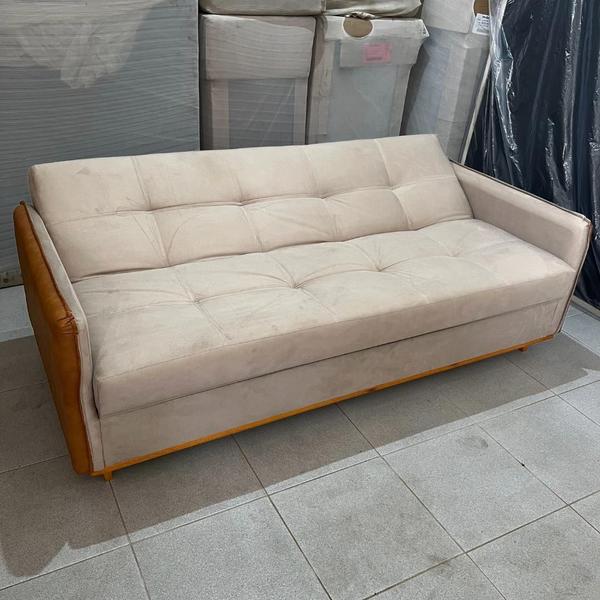 Imagem de Sofá Cama Baú Lavras 205cm Suede Bege com Braço em Sintético Marrom