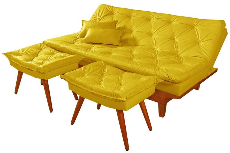 Sofa Cama Caribe Em Material Sintetico + Duas Banquetas Amarelo - Essencial Estafados Sofa Cama Caribe Em Material Sintetico + Duas Banquetas Amarelo - Essencial Estafados