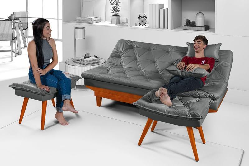 Imagem de Sofa Cama Caribe Em Material Sintetico + Duas Banquetas