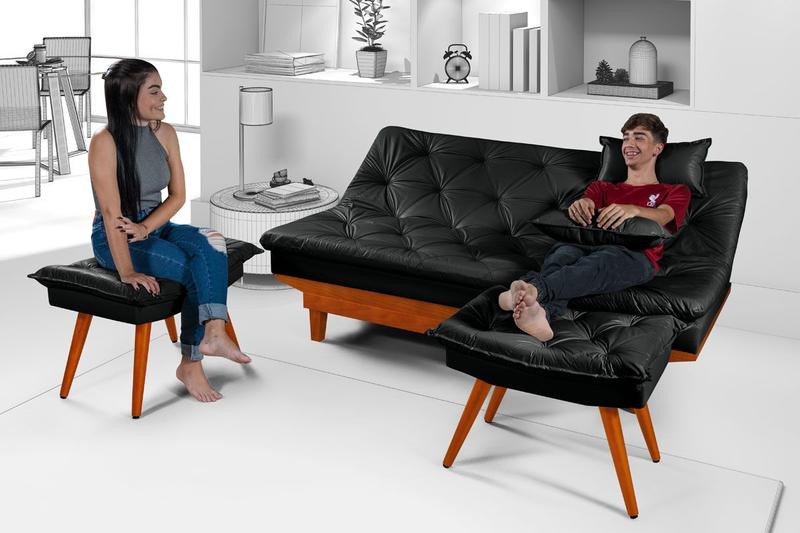 Imagem de Sofa Cama Caribe Em Material Sintetico + Duas Banquetas