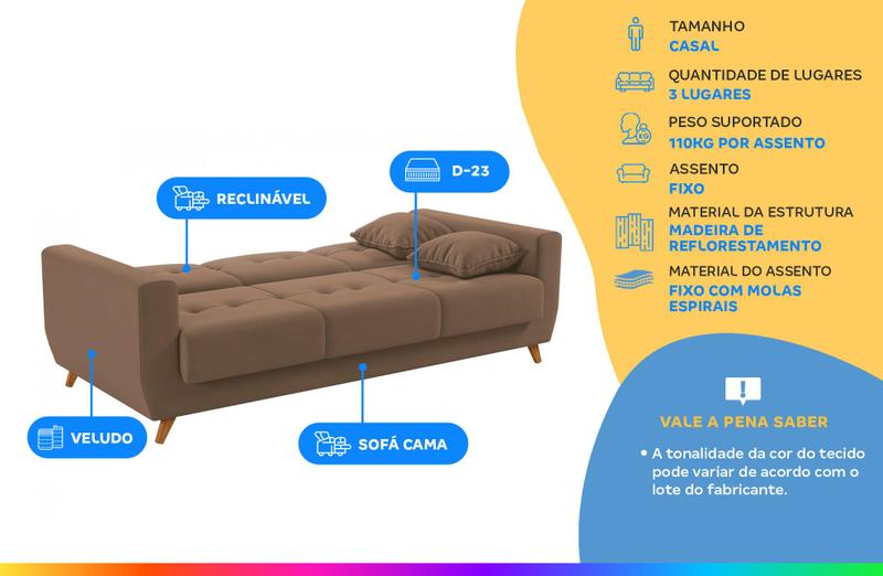 Imagem de Sofá-cama Casal 3 Lugares com Baú Reclinável Veludo Matrix Pâmela