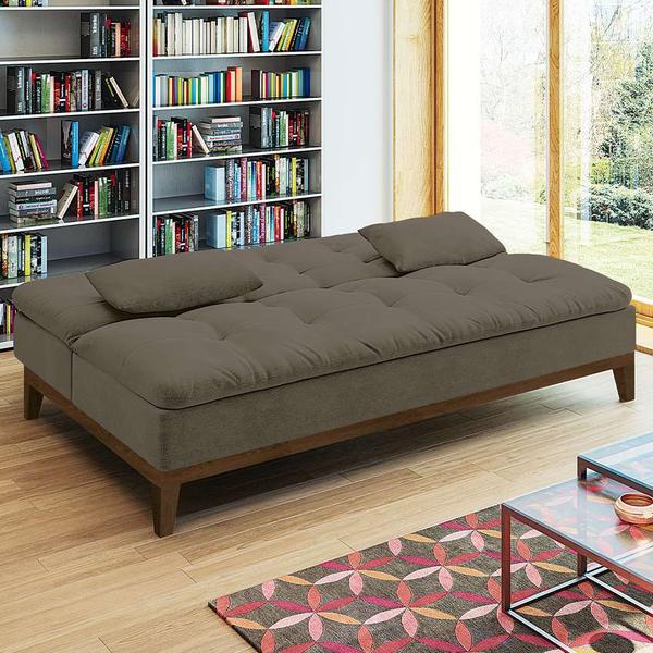 Imagem de Sofá-Cama Casal 3 Lugares Premium Suede Pés de Madeira Marrom