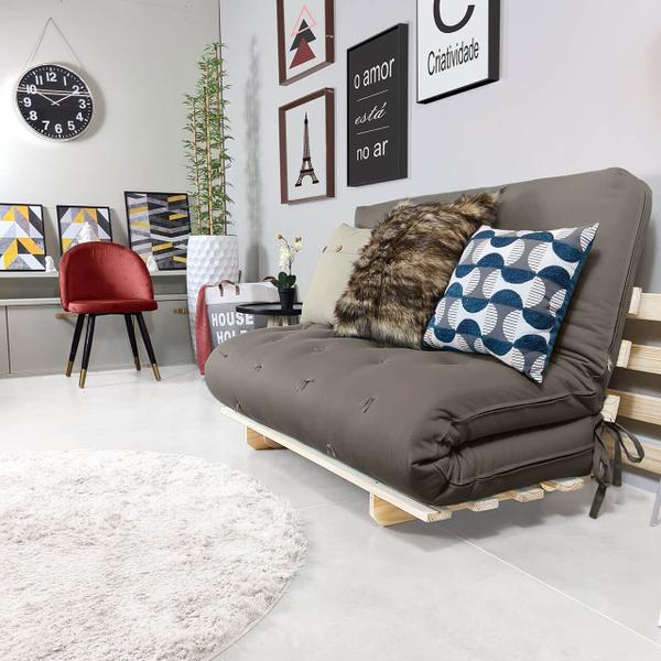 Imagem de Sofa Cama Casal Futon Oriental Cinza Com Madeira Maciça