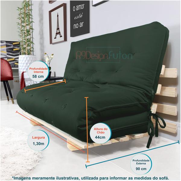 Imagem de Sofa Cama Casal Futon Oriental Verde Militar Com Madeira Maciça