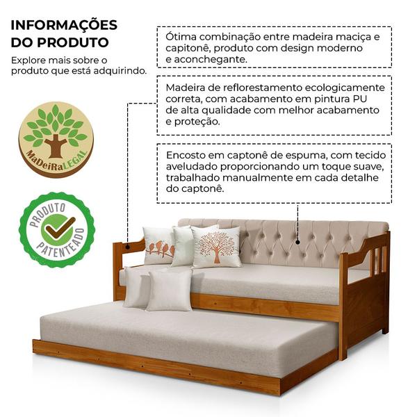 Imagem de Sofá Cama Dublin Estofado Capitonê Veludo Bege Madeira com Cama Auxiliar - Castanho