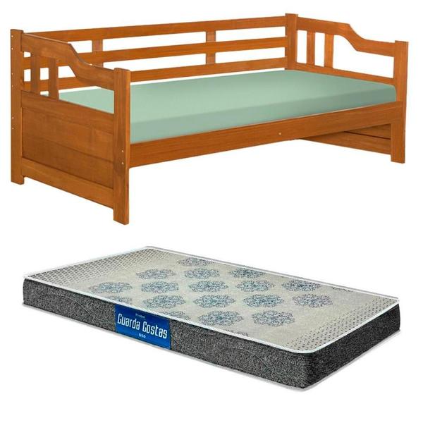 Imagem de Sofá Cama Madeira Maciça Solteiro Imbuia Shop JM Com Colchão Probel Guarda Costas