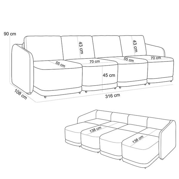 Imagem de Sofá Cama para Sala de Estar 4 Lugares 316cm Montserrat K01 Veludo Preto - Lyam Decor