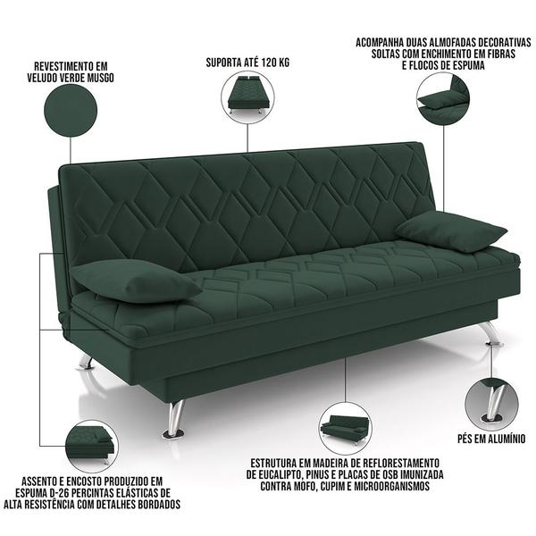 Imagem de Sofá Cama para Sala de Estar Quarto 193cm Lia M03 Veludo Verde Musgo - Lyam Decor