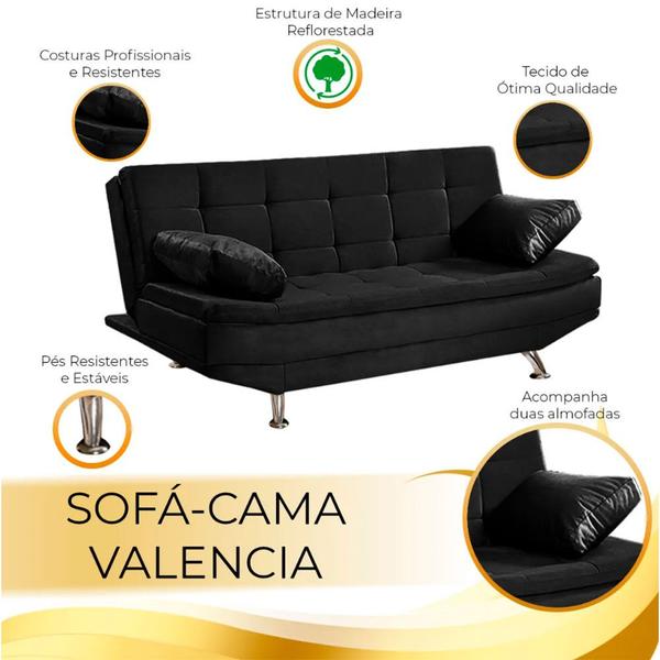 Imagem de Sofá Cama Valencia 3 Lugares Reclinável Material Sintético Preto - Shop das Cabeceiras