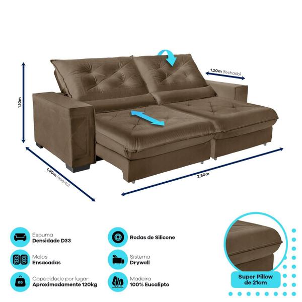 Imagem de Sofá Cancún Retrátil/Reclinável 2,50m Suede Velusoft castor c/molas ensacadas pillow top-Sofá Casa