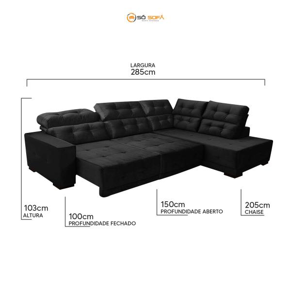 Imagem de Sofá Canto 285 x 205 cm Chaise D Sttilo Retrátil Mola D26 Suede Preto 6 Lugares - SóSofa