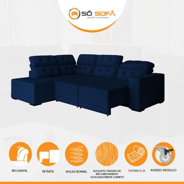 Imagem de Sofá Canto 285 x 205 cm Chaise E Sttilo Retrátil Mola D26 Suede Azul 6 Lugares - SóSofa