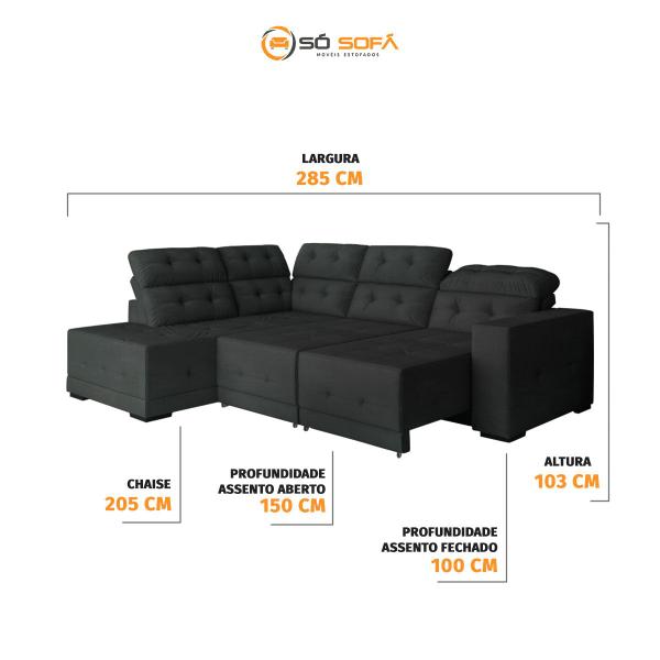 Imagem de Sofá Canto 285 x 205 cm Chaise E Sttilo Retrátil Mola D26 Suede Cinza 6 Lugares - SóSofa