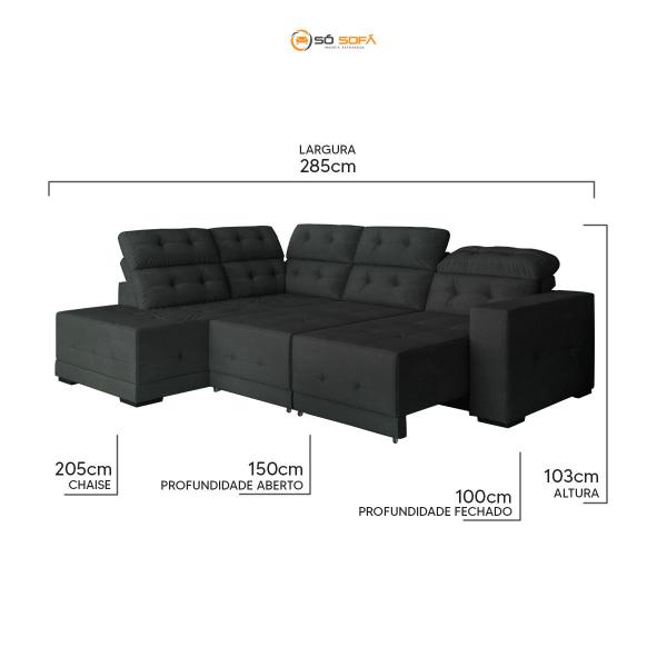 Imagem de Sofá Canto 285 x 205 cm Chaise E Sttilo Retrátil Mola D26 Suede Cinza 6 Lugares  - SóSofa