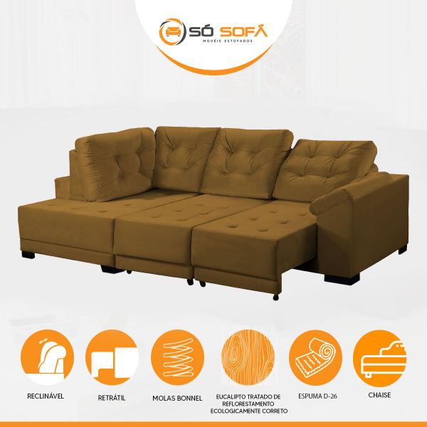 Imagem de Sofá Canto 5 Lugares Chaise E 250 Cm Mola Bonnel Retrátil D26 Cama Luxury Suede Dourado - SóSofá