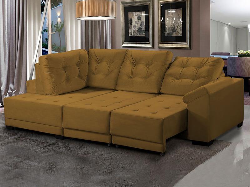 Imagem de Sofá Canto 5 Lugares Chaise E 250 Cm Mola Bonnel Retrátil D26 Cama Luxury Suede Dourado - SóSofá