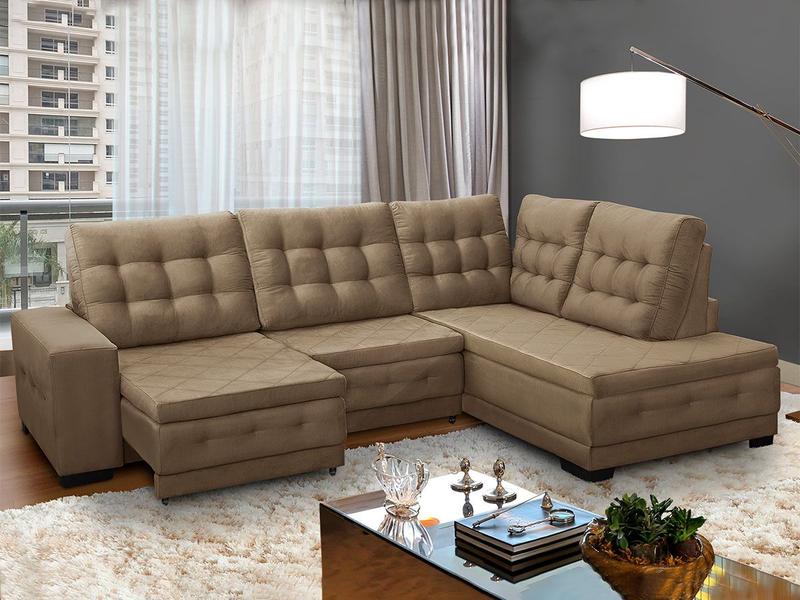 Imagem de Sofá Canto Chaise 5 Lugares Retrátil Reclinável 285 Cm Mola Bonnel Pillow Rio Suede Bege - SóSofá