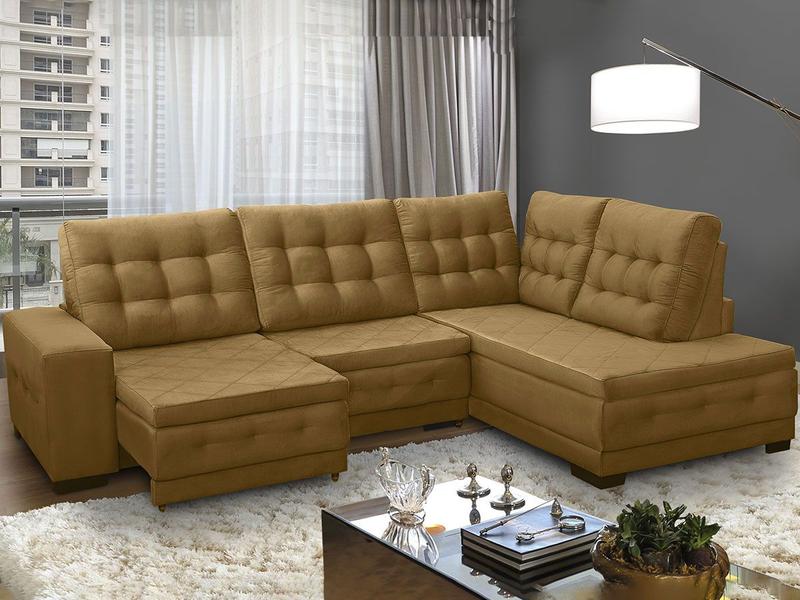 Imagem de Sofá Canto Chaise 5 Lugares Retrátil Reclinável 285 Cm Mola Bonnel Pillow Rio Suede Dourado - SóSofá