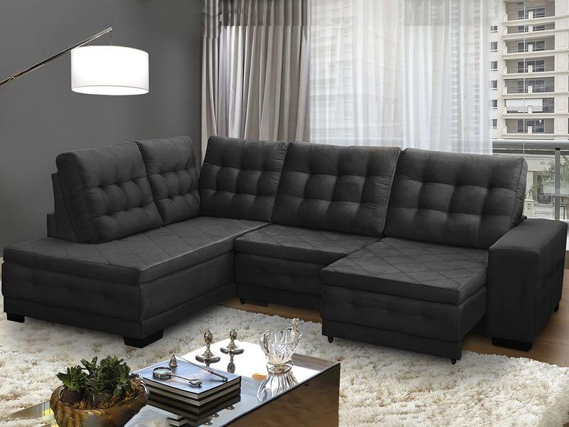 Imagem de Sofá Canto Chaise 5 Lugares Retrátil Reclinável 285 Cm Mola Bonnel Pillow Rio Suede Preto - SóSofá