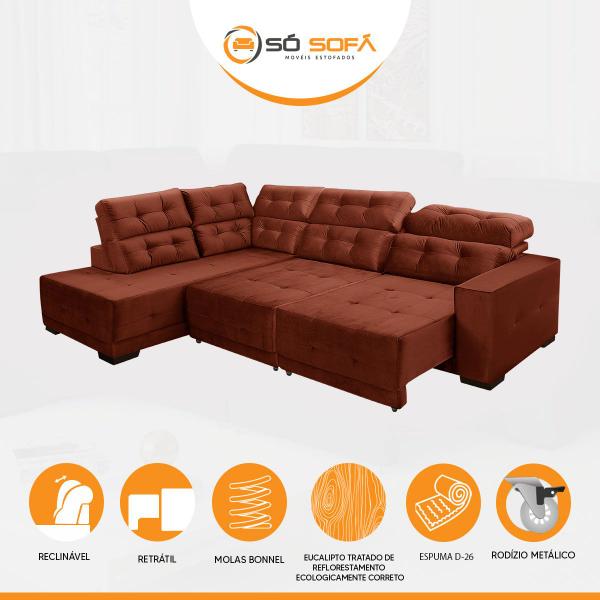 Imagem de Sofá Canto Chaise E Retrátil 285 Cm 6 Lugares Sttilo Reclinável Mola D26 Suede Cobre - SóSofá