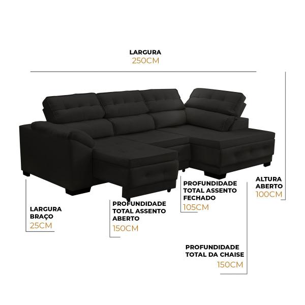 Imagem de Sofá Canto Chaise Luiza 5 Lugares Retrátil Reclinável 250Cm Mola Bonnel Pillow Suede Preto - SóSofá